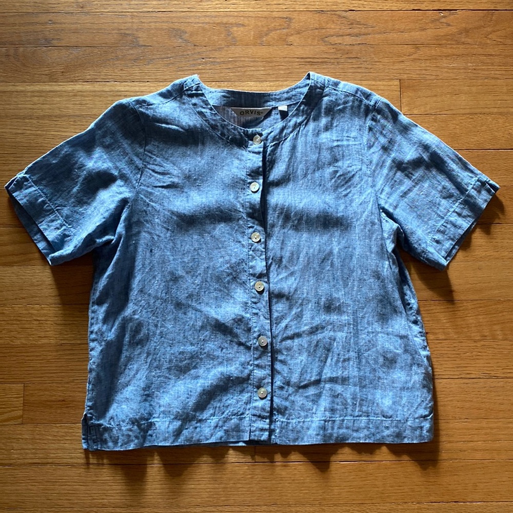 Orvis Linen Chambray Button Front Short Sleeve Sh… - image 1